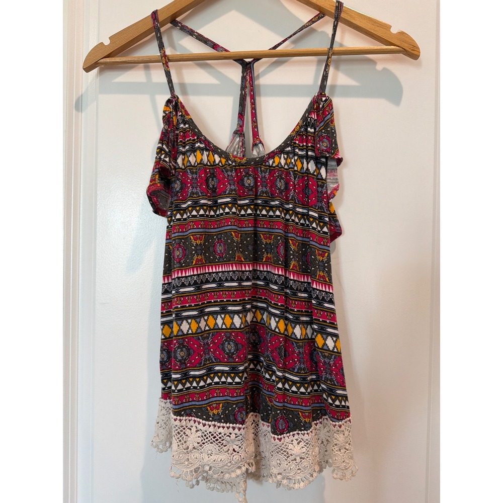LA Hearts Tribal Print Cold Shoulder Cami Top Pink Yellow Crochet Lace Trim XS